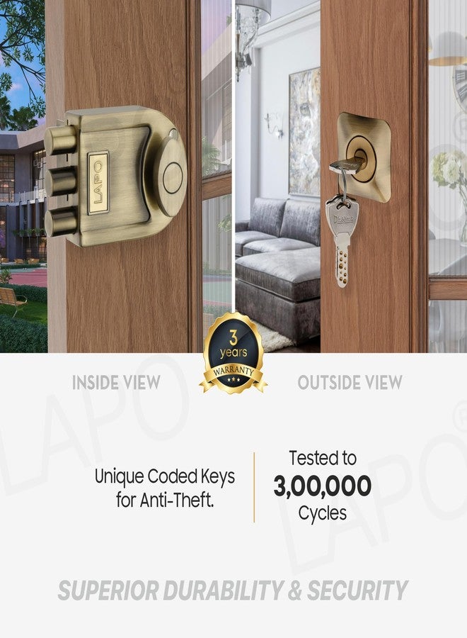 LAPO قفل لابو ثلاثي المزاليج من النحاس العتيق للأبواب الرئيسية، قفل أمان مزلاج للأبواب الخشبية، تصميم أسطواني ثابت مع 4 مفاتيح نحاسية، مناسب للفتح من الداخل والخارج، قفل باب أنيق شديد التحمل - Image 3